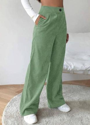 Жіночі вельветові брюки кюлоти штани широкі зелені сині бежеві коричневі мокко демісезонні на кожен день6 фото