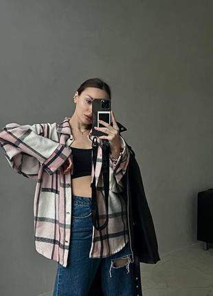 Женская кашемировая рубашка теплая в клетку зеленая синяя розовая кирпичная оверсайз демисезонная
