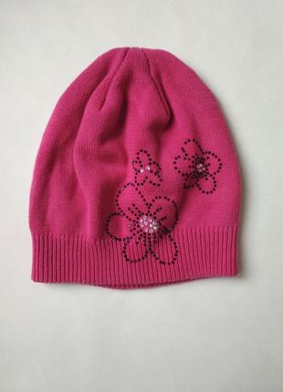 Детская демисезонная розовая шапка со стразами на весну осень