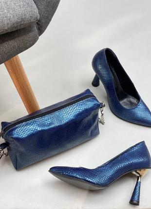 Сині пітонові туфлі fiji 🌴 натуральна шкіра замш пітон підбор рюмка 35-41