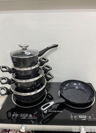 Набір каструль зі сковородою граніт круглий (9 предметів) нк-313 чорний