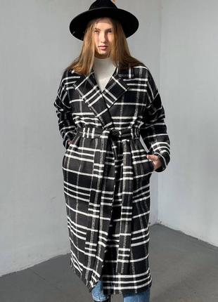 Пальто халат с поясом в полоску черный кашемир с утепленной подкладкой1 фото