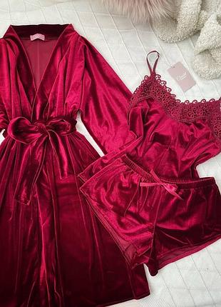 Шикарный домашний комплект бархатный халат и пижама