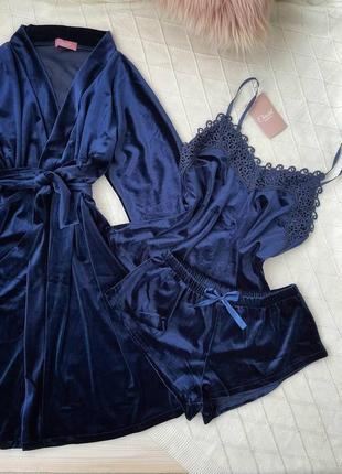 Шикарний домашній комплект бархатний халат та піжама