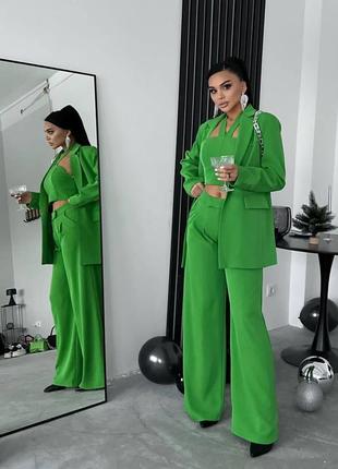 Роскошный костюм 3в1 брючный классика деловой пиджак удлиненный брюки клеш трубы палаццо топ зеленый черный