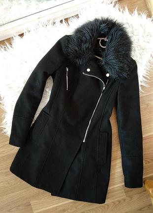 Черное демисезонное пальто косуха со съемным мехом, осенние пальто
