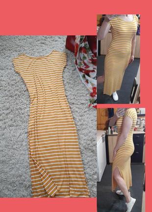 Длинное трикотажное платье  в полоску с разрезами,  р  s-m1 фото