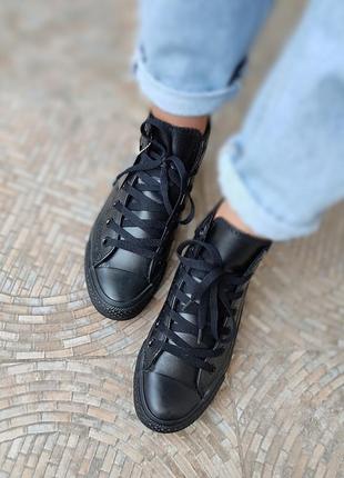 Чорні шкіряні кеди високі кросівки черевики converse all star black4 фото