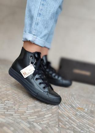 Чорні шкіряні кеди високі кросівки черевики converse all star black2 фото