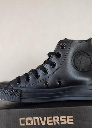 Чорні шкіряні кеди високі кросівки черевики converse all star black7 фото