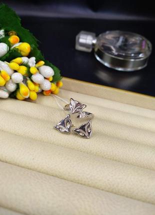 Серебряный набор серьги гвоздики пусеты кольцо лиса лисичка fox 9251 фото