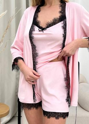 Пижама женская велюровая кружевная с шортами с халатом зимняя теплая демисезонная розовая белая черная зеленая серая графит лиловая батал5 фото