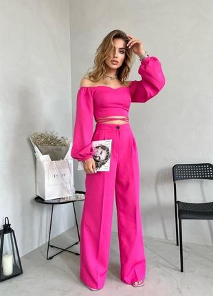 Костюм брючный оливковый малиновый бежевый голубой зелёный черный брюки штаны палаццо прямые широкие кроп топ блуза кофточка гольф водолазка свитшот