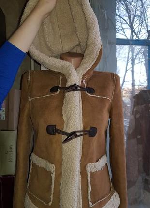 Дубленка женская куртка замшевая коричневая с капюшоном xs-s 8 new look2 фото
