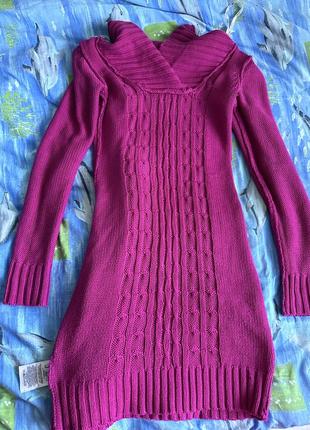 Вязаное, зимнее, теплое хлопковое платье розовое, фуксия, фиолетовое guess.6 фото