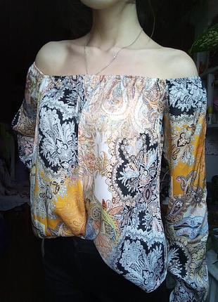 Шикарна блузка з відкритими плечима, вільна блуза з рукавом, блузка зі східним принтом, духовка блуза