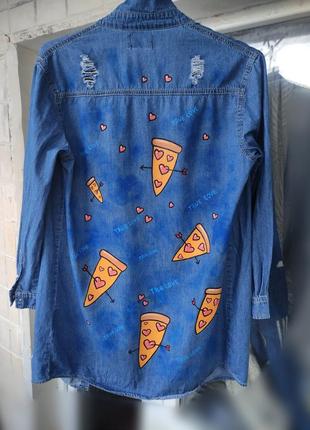 Джинсова рубашка піцца з малюнком кастом з ручним розписом джинсовка джинсовая рубашка с рисунком кастлмизация одежды