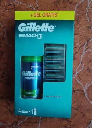 Набор gillette mach3 сменные кассеты (лезвия) 4 шт + гель для бритья sensitive