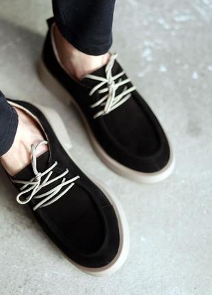 Стильные туфли женские замшевые черные на плоской подошве без каблука деми, демисезонные осенние, весенние (осень-весна 2022-2023), удобные, комфортные, мягкие2 фото