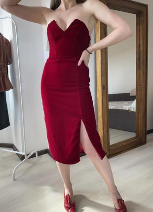 Вечірня коктельна червона сукня міді без бретель4 фото