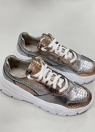 Дизайнерские кроссовки натуральна кожа золото серебро металлик 36-412 фото