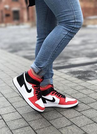 Кроссовки кожаные женские nike air jordan1 retro high g white red black