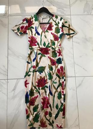 Платье zara trafaluc tan velvet floral midi dress5 фото