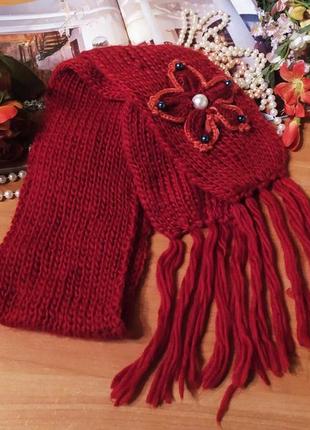 Мягкий теплый вязаный зимний осенний шарфик с аппликацией шарф цветок декор бусины новый ручная работа