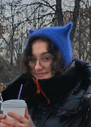 Шапка вязаная молодежная с ушками синий devil hat ручная работа5 фото