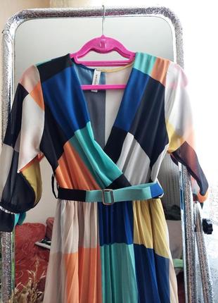 Итальянское разноцветное платье миди под пояс гофре-плиссе,new collection (размер 10)4 фото