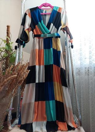 Итальянское разноцветное платье миди под пояс гофре-плиссе,new collection (размер 10)6 фото