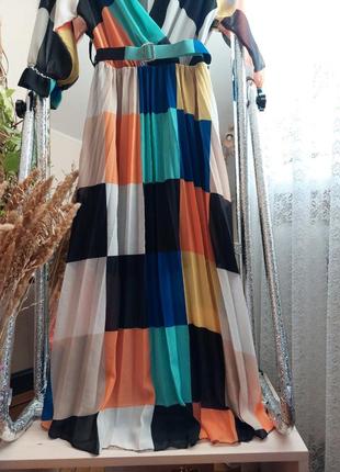 Итальянское разноцветное платье миди под пояс гофре-плиссе,new collection (размер 10)7 фото