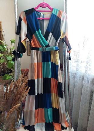 Итальянское разноцветное платье миди под пояс гофре-плиссе,new collection (размер 10)8 фото