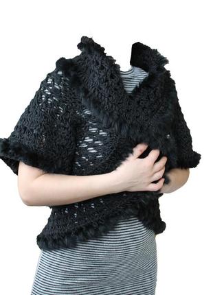 Ексклюзивне тепле в'язане болеро накидка з натуральним хутром чорне манто кофта светр піджак