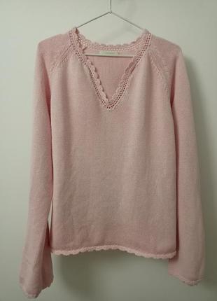 Натуральный свитер нежно-розового цвета и удлиненными рукавами 🌸1 фото