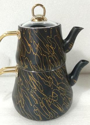 Двоярусний чайник o.m.s. collection 8204-m gold (0,8 /1,8 л.)3 фото