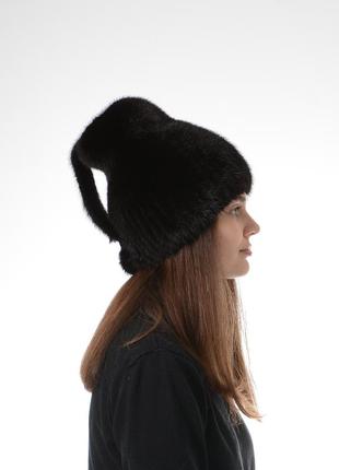 Высокая женская шапка из вязаного меха норки3 фото