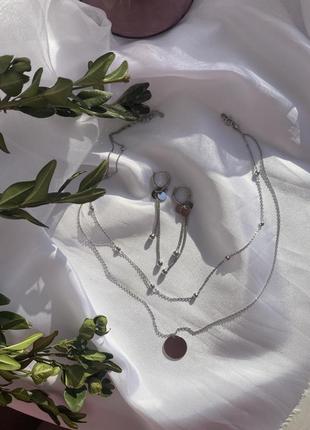 Набір біжутерія, сережки з підвісками, ланцюжок багатоярусний, покриття срібло 9251 фото