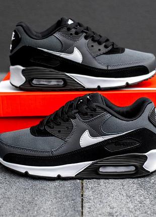 Мужские кожаные кроссовки nike air max 90. цвет черный с серым.