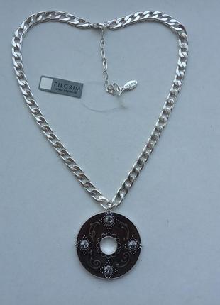 Массивное колье цепочка с крупным кулоном медальоном pilgrim, покрытие серебром, 39+8 см