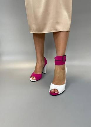 Жіночі туфлі з натуральної шкіри комбіновану з замшей у малиново-білому кольорі на каблуку 9см6 фото