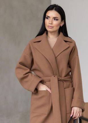 Пальто женское оверсайз шерстяное демисезонное весеннее осеннее пальто - халат, бренд, карамель коричневое дизайнерское свободного кроя длинное пальто2 фото