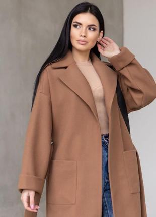 Пальто женское оверсайз шерстяное демисезонное весеннее осеннее пальто - халат, бренд, карамель коричневое дизайнерское свободного кроя длинное пальто7 фото