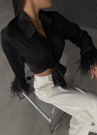 Шовкова блуза з пір’ям / шовкова вечірня блуза / вкорочена блуза шовк / блуза на завязках / блузка с рукавами с перьями / вечерняя блуза