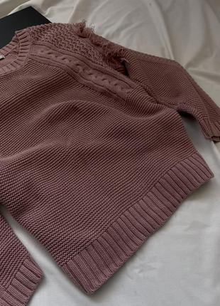 Пудровый свитер, свитер лиловый, свитер крупной вязки, свитер с бахромой3 фото