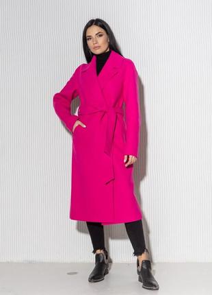 Пальто женское миди прямого кроя с поясом шерстяное бренд демисезонное весеннее яркое малиновое5 фото