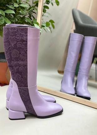 Екслюзивні чоботи з італійської шкіри та замші жіночі лаванда лілові фіолетові