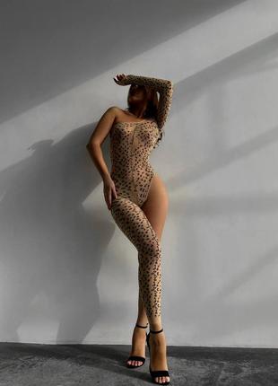 Бодістокінг комбінезон сітка на одну ногу ніжку леопард леопардовий принт сексуальний еротичний комплект нижньої білизни тілесний в сітку