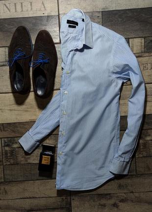Мужская голубая в полоску хлопковая приталиная рубашка calvin klein оригинал размер 40(м)