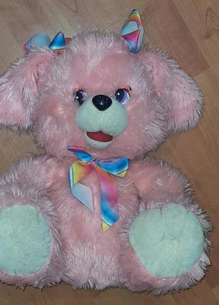 Розовая мягкая детская игрушка собака с бантиками3 фото